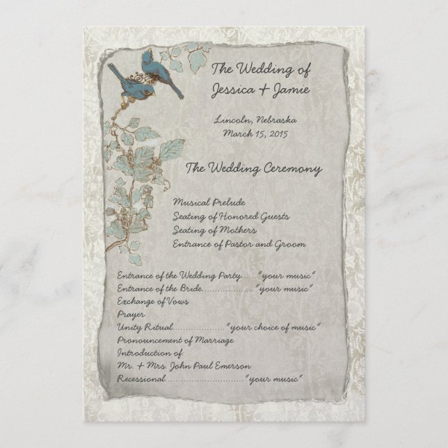 Programa de Casamento tema damasco de Aves Teais V (Frente)