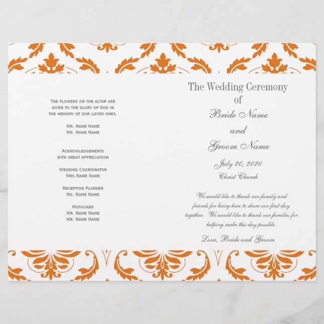 Programa de Casamento tema damasco de Cinza Laranj (Frente)