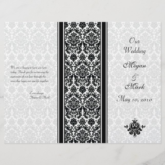 Programa de Casamento tema damasco preto e branco (Frente)