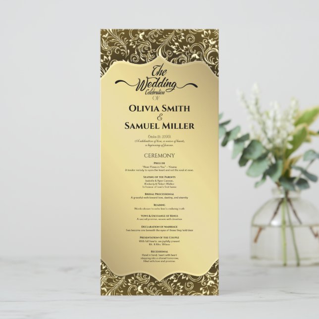 Programa de Casamento tema damasco Real Dourado (Em pé/Frente)