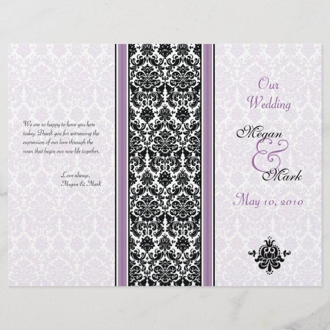 Programa de Casamento tema damasco Roxo e Negro (Frente)