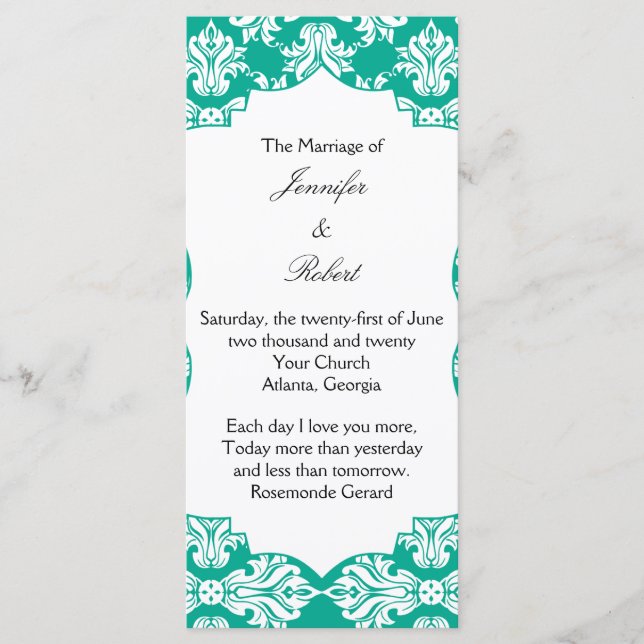 Programa de Casamento tema damasco Verde Branco e  (Frente)