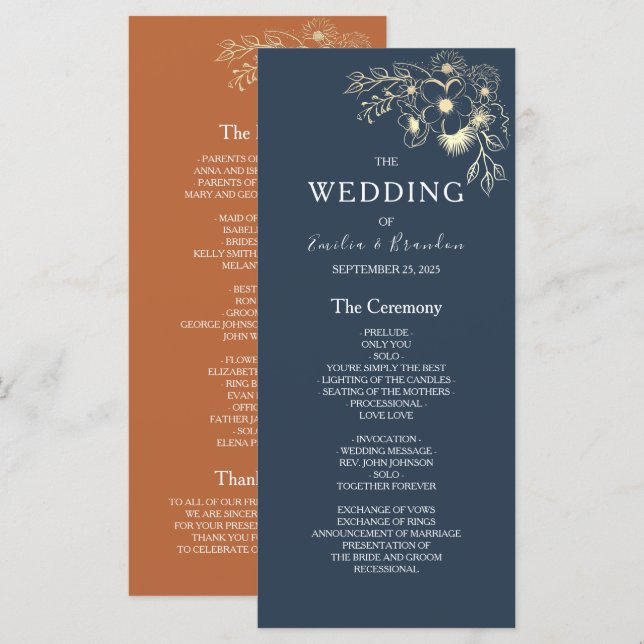 Programa de Casamento Terracota Azul Marinho (Frente/Verso)
