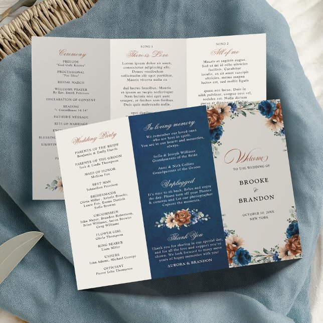 Programa de Casamento Terracota Azul Naval Verde (Terracotta Navy Blue Greenery Wedding tri-fold Program card)