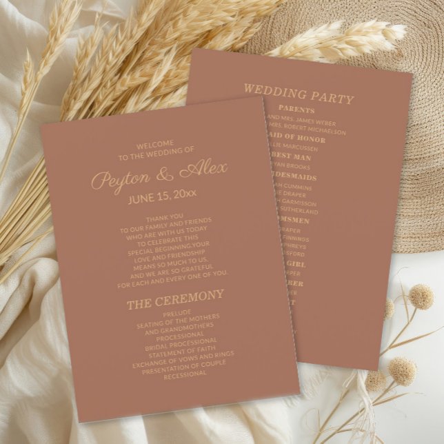 Programa de Casamento Terracota Ferrugem Festa Nup (Terracotta/burnt orange 2-sided wedding program)