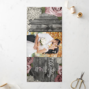 Programa de Casamento Trifold de Madeira Cinza Ros