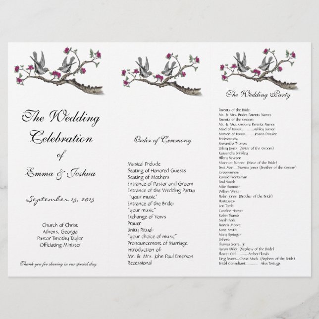 Programa De Casamento Trifold Floral De Aves Vinta (Frente)