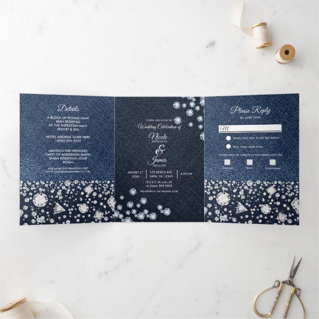 Programa de Casamento Trifold Glam Blue Denim & Di (Dentro)