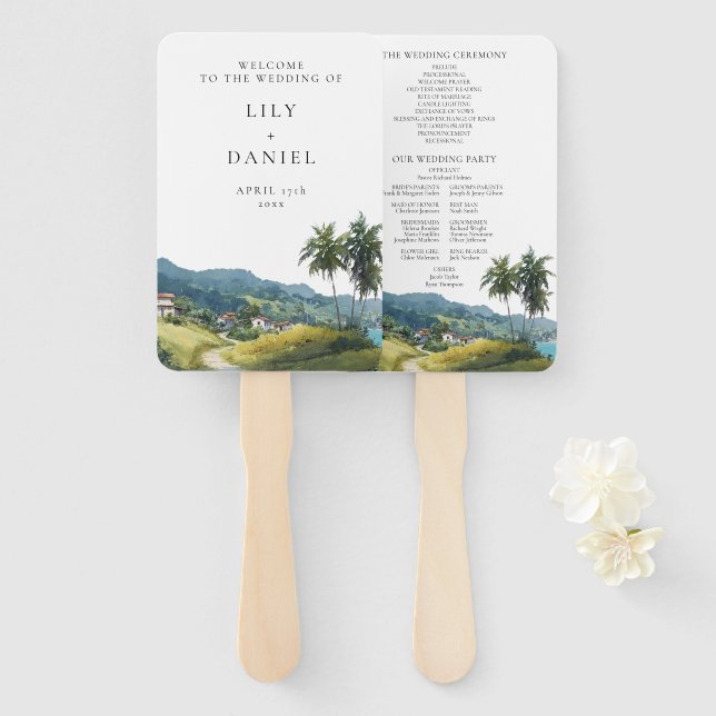Programa de casamento tropical caribenho em leque  (Frente e Verso)