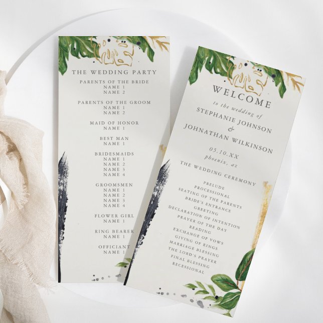 Programa de Casamento Tropical de Cor das Águas Ve (Green & Gold Watercolor Tropical Wedding Program)