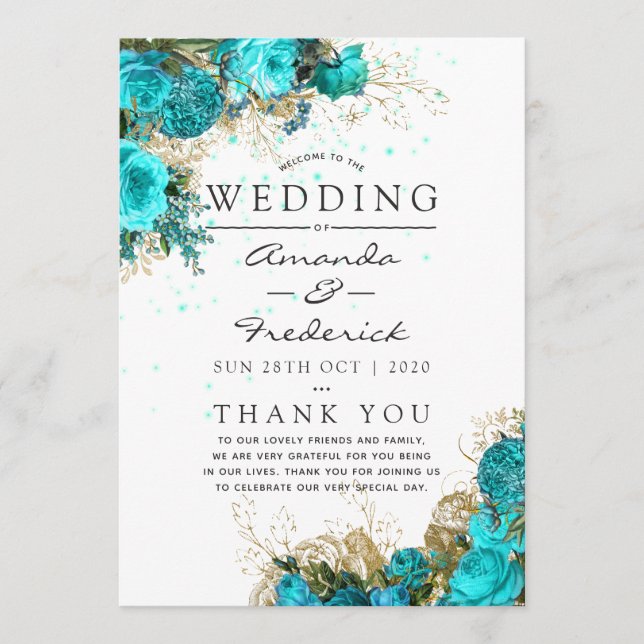 Programa de Casamento Turquesa e Dourado Vintage S (Frente)