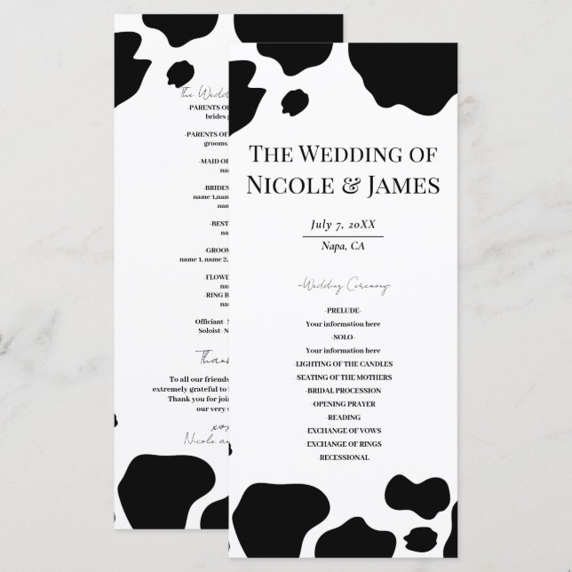 Programa de Casamento Vaca Manchas Preto Branco Im (Frente/Verso)