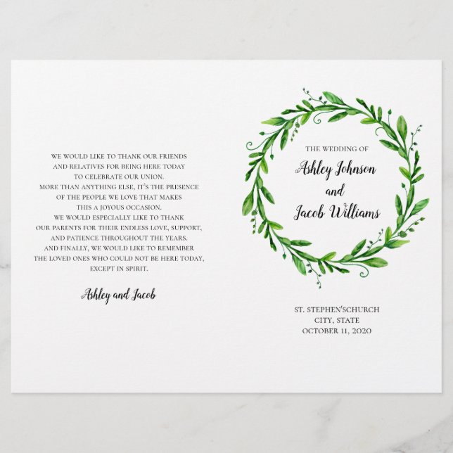 Programa de casamento verde. Cerimônia de verão na (Frente)