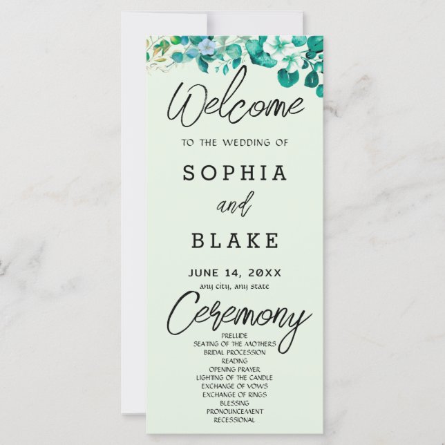 Programa de Casamento Verde Claro com Flores Branc (Frente)