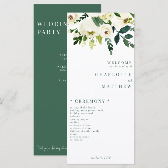 Programa de Casamento Verde e Branco Floral Branco (Frente/Verso)
