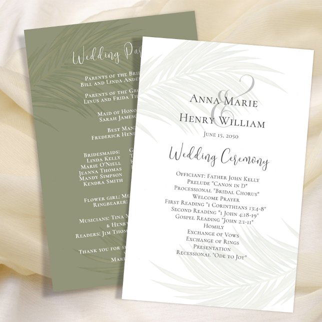 Programa de Casamento Verde Folhas de Palma Elegan (Elegant Wedding Program template with tropical green palm leaves. )