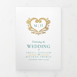 Programa de casamento verde ouro com foto de monog