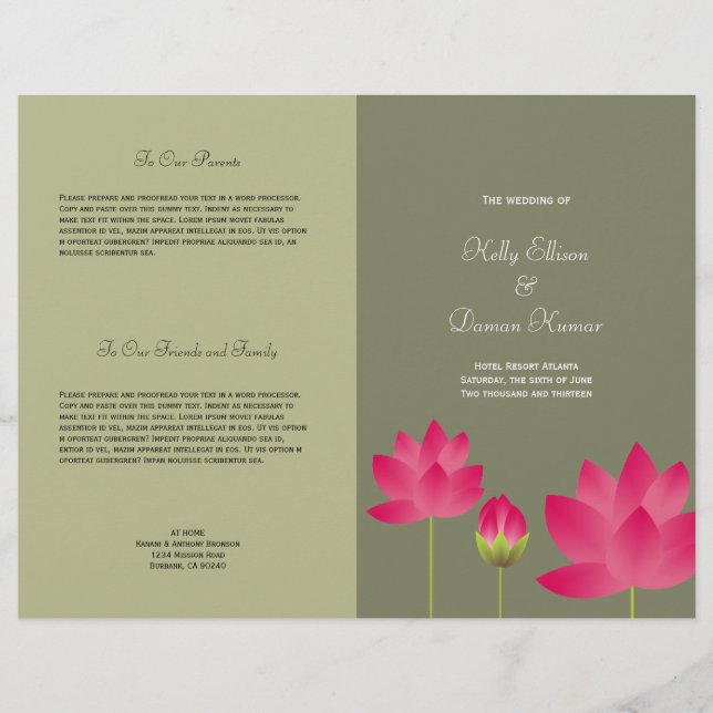 Programa de casamento verde para flores rosa-verme (Frente)