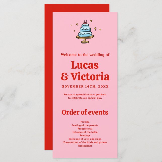 Programa de Casamento Vermelho e Rosa Desenhado Mã (Frente/Verso)