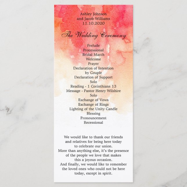 Programa de casamento vermelho em água. Cerimônia  (Frente)