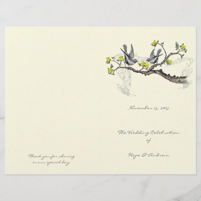 Programa de Casamento Vintage Birds Amarelo & Cinz (Frente)