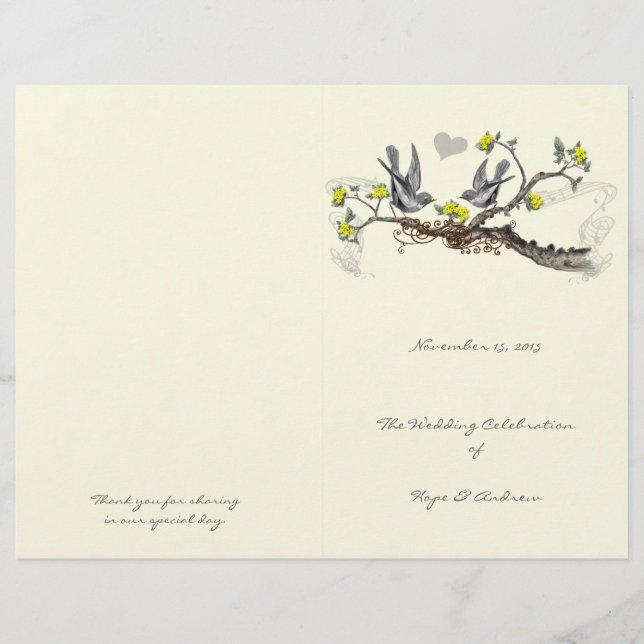 Programa de Casamento Vintage Birds Amarelo & Cinz (Frente)