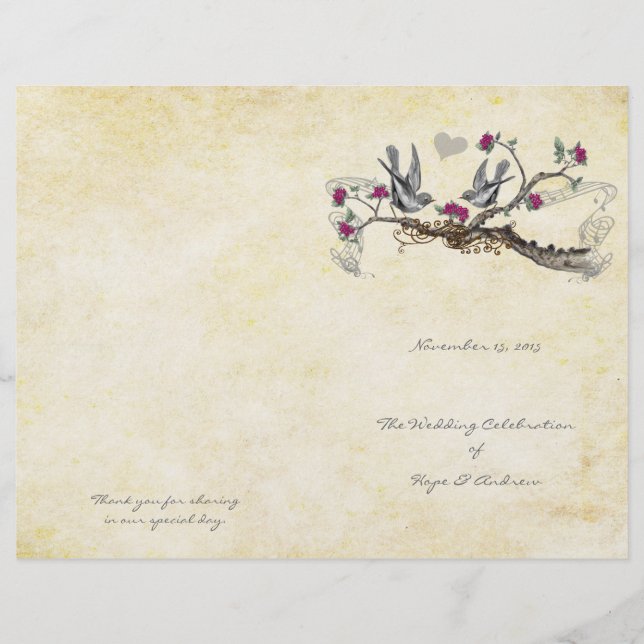 Programa de Casamento Vintage Birds Fuchsia & Gray (Frente)