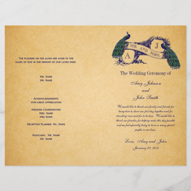 Programa de Casamento vintage Blue Peacocks (Frente)