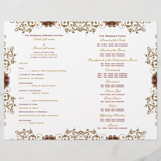 "Programa de casamento" vintage burgundy gold (Frente)