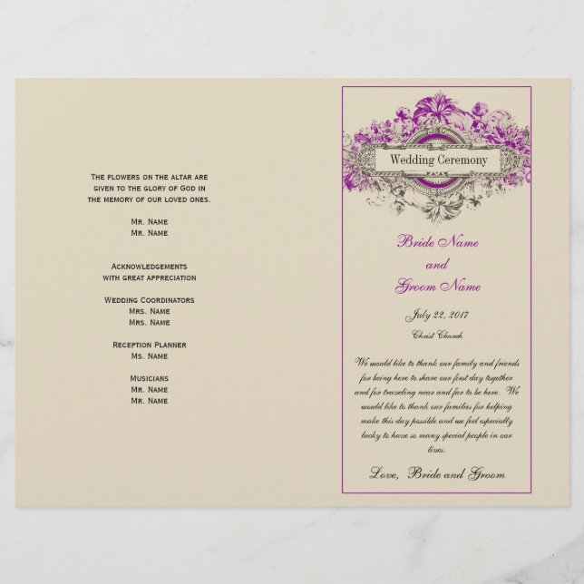 Programa de Casamento vintage Floral Roxo (Frente)