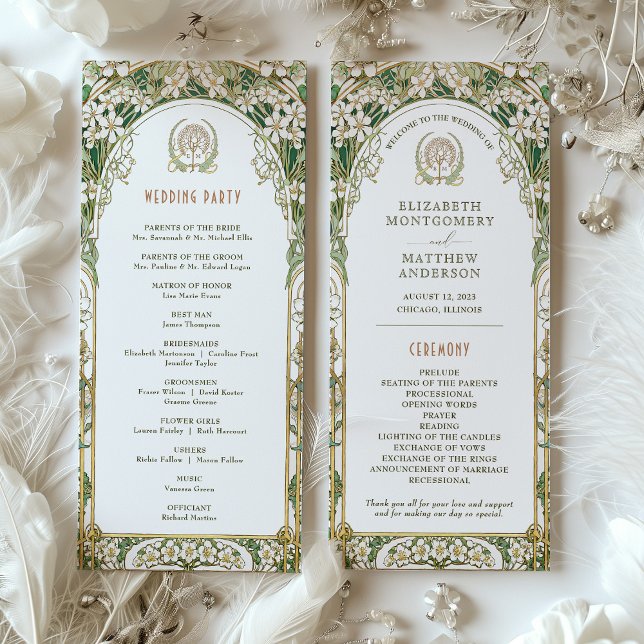 Programa de Casamento Vintage Marfim, Verde & Dour (Criador carregado)