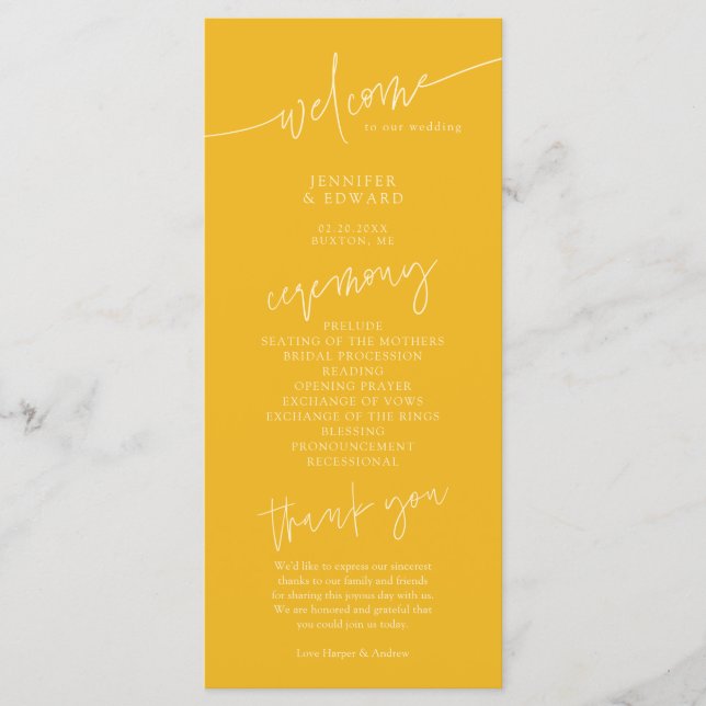Programa de Cerimônia de Casamento Amarelo Minimal (Frente)