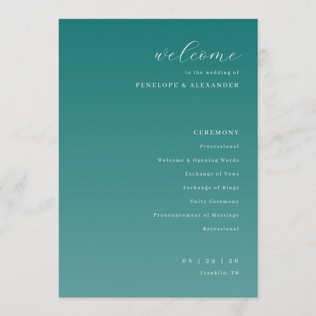Programa de Cerimônia de Casamento Azul-Elegante (Frente)