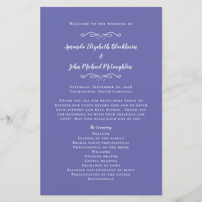 Programa de Cerimônia de Casamento Azul Pervinca E (Frente)
