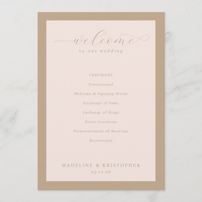 Programa de Cerimônia de Casamento Bege Elegante (Frente)