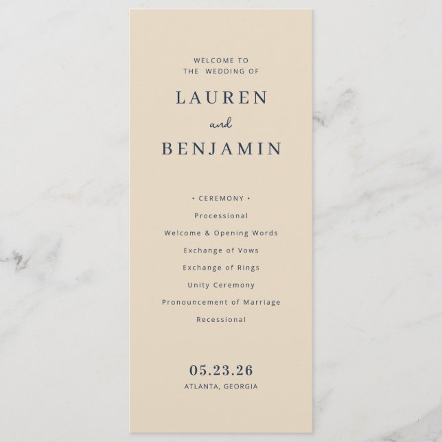 Programa de Cerimônia de Casamento Bege Elegante (Frente)