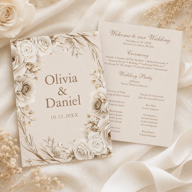 Programa de Cerimônia de Casamento Bege Rosas de M (Ivory Roses Beige Wedding Ceremony Program with ivory flowers)