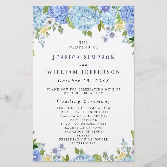 Programa de Cerimônia de Casamento Blue Hydrangea  (Frente)