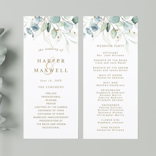 Programa de Cerimônia de Casamento Botânico Dourad (Front & Back)
