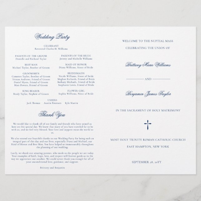 Programa de Cerimônia de Casamento Católico Azul M (Frente)