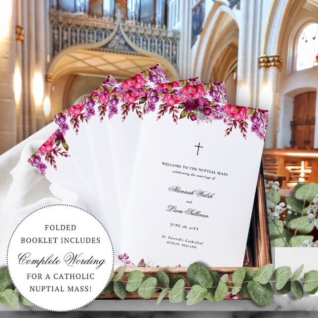 Programa de Cerimônia de Casamento Católico com Fl (Alannah folded Catholic wedding program with bright magenta and fuchsia spring florals)