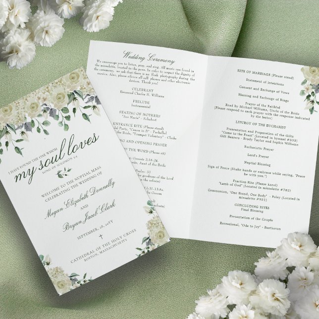 Programa de Cerimônia de Casamento Católico Megan  (White flowers and greenery Catholic wedding program with Bible verse)