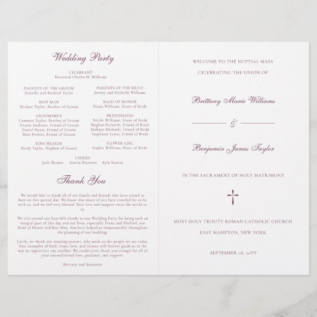 Programa de Cerimônia de Casamento Católico Roxo (Frente)