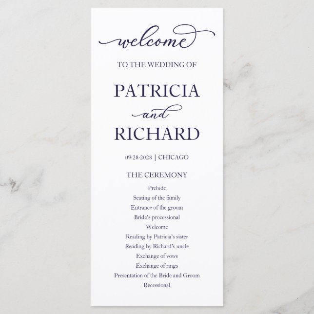 Programa de Cerimônia de Casamento Chic Azul Marin (Frente)