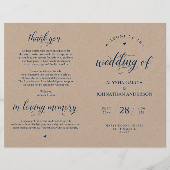 Programa de cerimônia de casamento Classy Kraft (Frente)