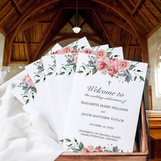 Programa de Cerimônia de Casamento Cristão Elizabe (Pink, floral, Christian wedding program. Includes complete wording for a Christian ceremony.)