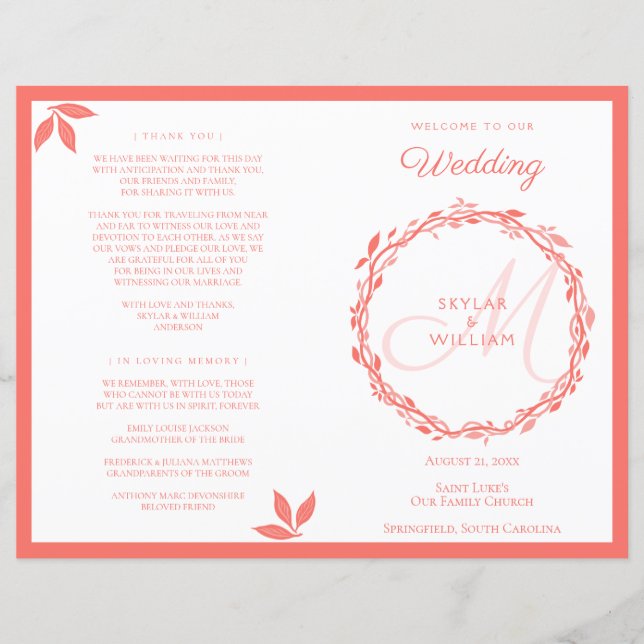 Programa de cerimônia de casamento de Coral Woodsy (Frente)