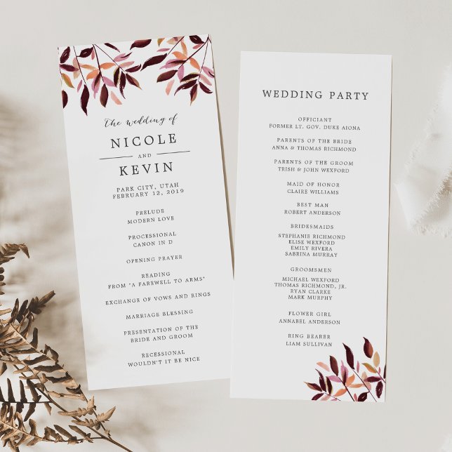 Programa de Cerimônia de Casamento de Folhas de Co (Criador carregado)