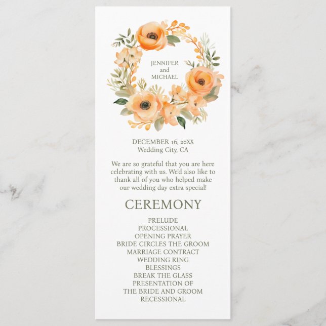 Programa de Cerimônia de Casamento de Verão Pêsseg (Frente)