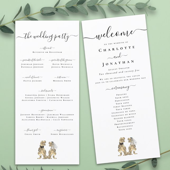 Programa de Cerimônia de Casamento do Tema Dinossa (Dinosaur theme wedding program card Funny T-Rex dino bride and groom elegant modern script)